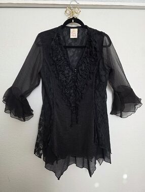 Pretty Angel Y2K Boho Grunge Fairycore Renaissance Ruffled Lace Silk Blouse Sz L